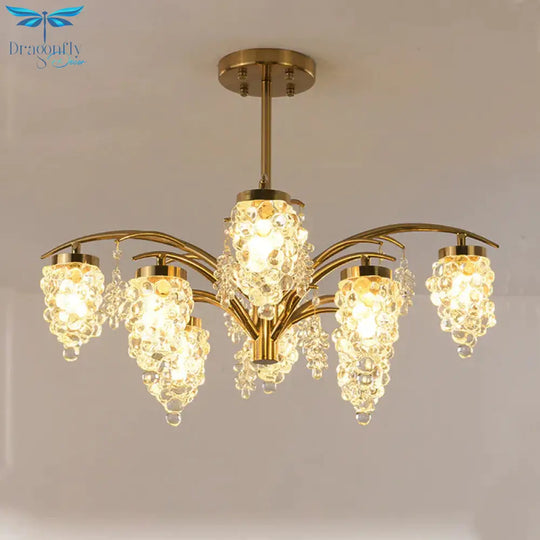 Crystal Beaded Gold Hanging Light Kit Grape Shape 6/8 Heads Bedroom Chandelier Fixture