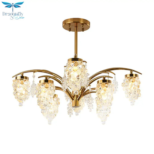 Crystal Beaded Gold Hanging Light Kit Grape Shape 6/8 Heads Bedroom Chandelier Fixture