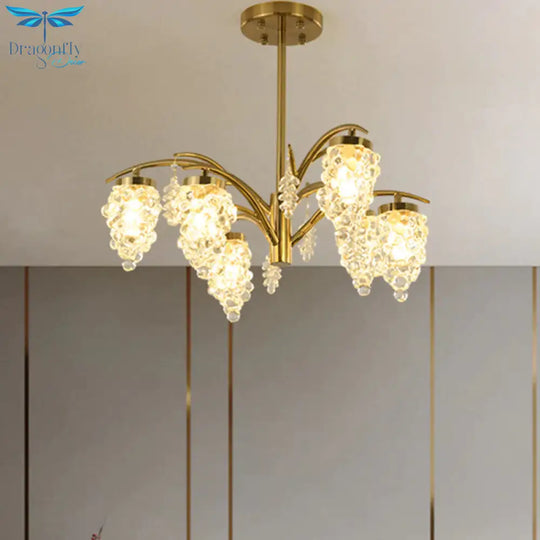 Crystal Beaded Gold Hanging Light Kit Grape Shape 6/8 Heads Bedroom Chandelier Fixture