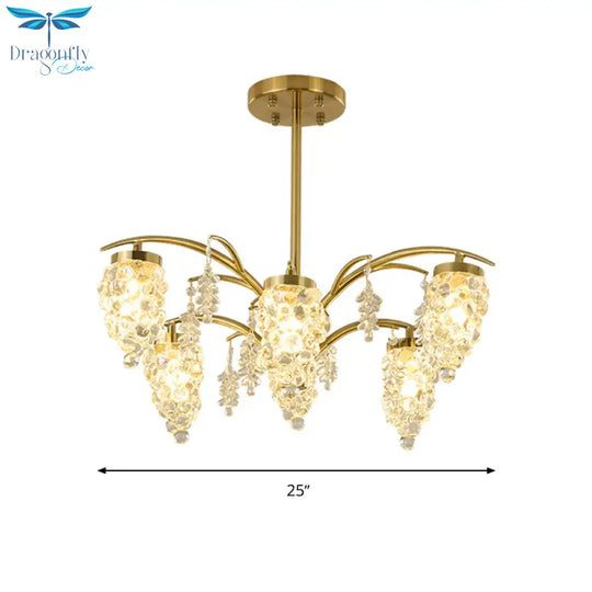 Crystal Beaded Gold Hanging Light Kit Grape Shape 6/8 Heads Bedroom Chandelier Fixture