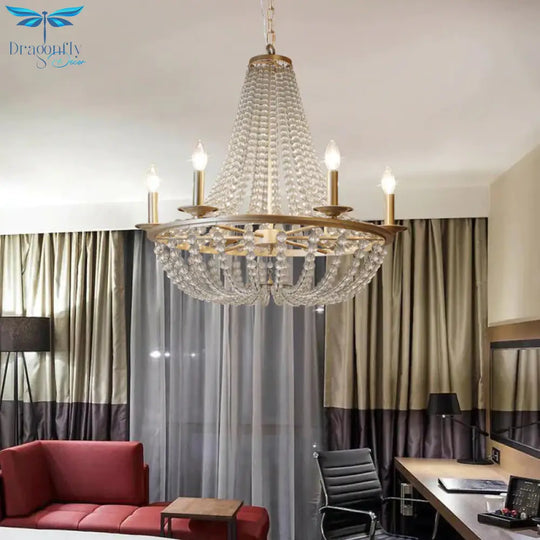 Crystal Beaded Hanging Chandelier Traditional 6 Lights Bedroom Ceiling Pendant In Gold