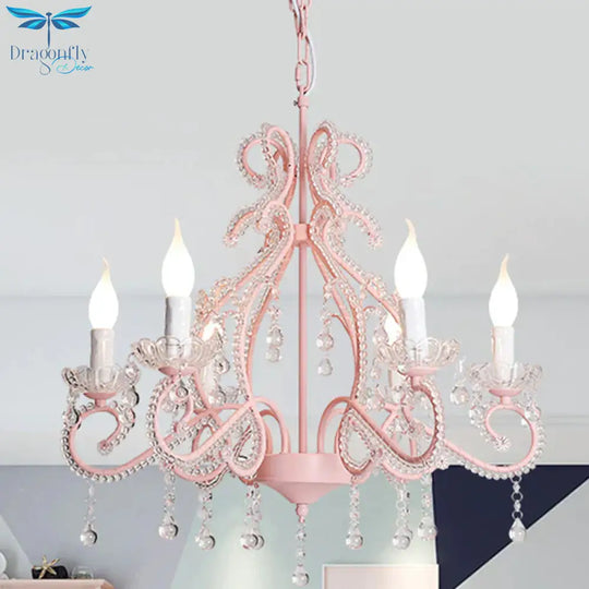 Crystal Beaded Pink Chandelier Lamp Candlestick 6 Lights Modern Pendant Light Fixture