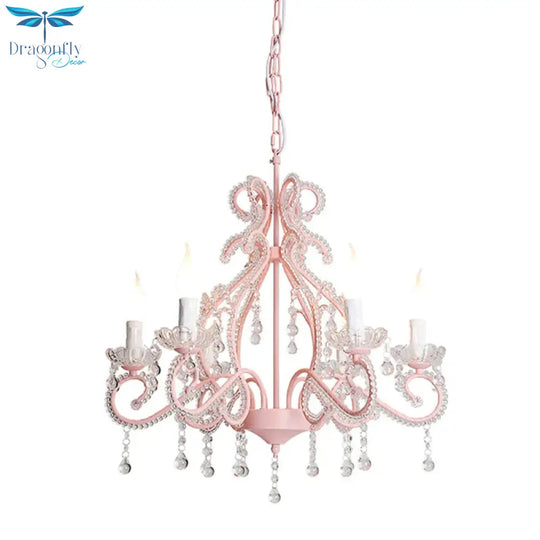 Crystal Beaded Pink Chandelier Lamp Candlestick 6 Lights Modern Pendant Light Fixture