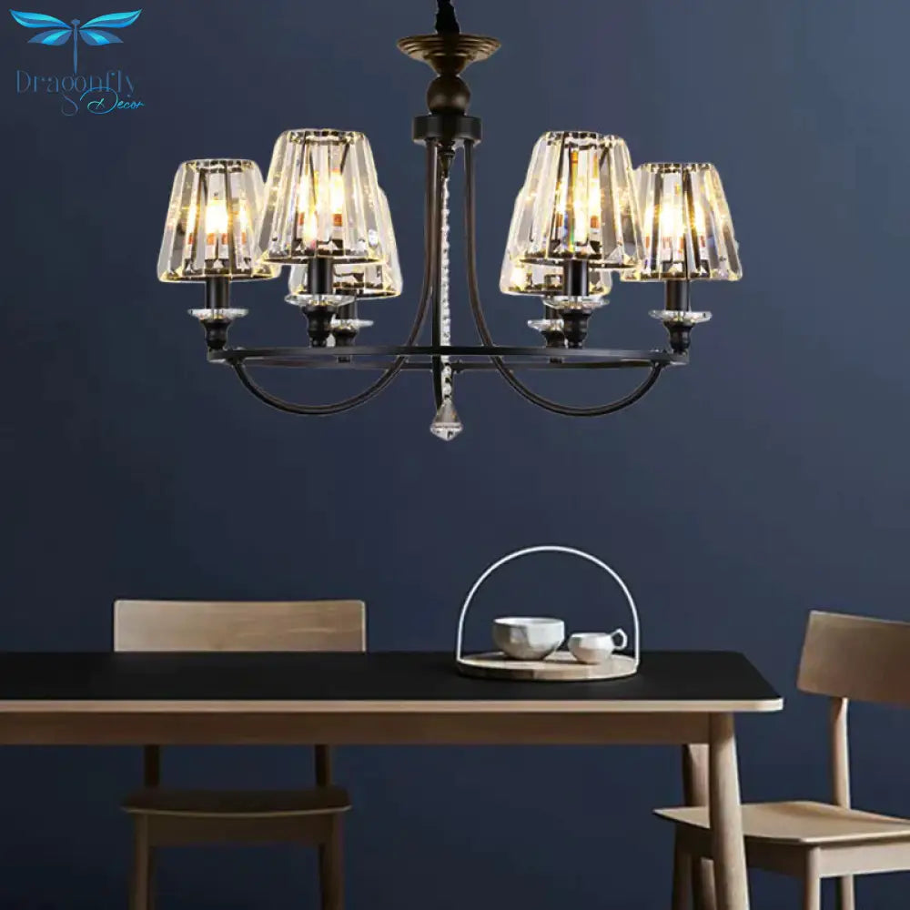 Crystal Black Chandelier Light Tapered 4/6/8 Lights Nordic Ceiling Pendant For Dining Room