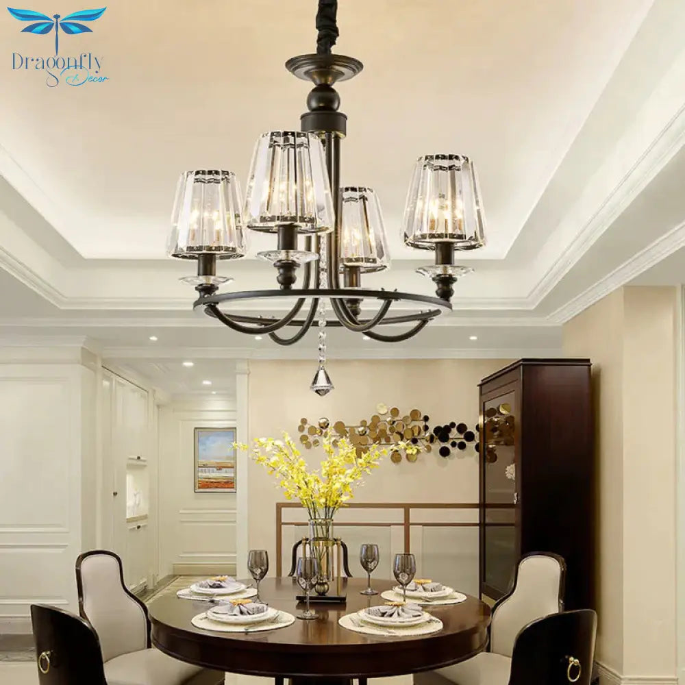 Crystal Black Chandelier Light Tapered 4/6/8 Lights Nordic Ceiling Pendant For Dining Room