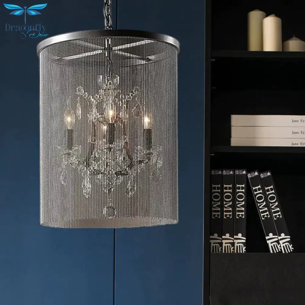 Crystal Black Hanging Chandelier Round 4 Lights Rustic Pendant Lamp For Dining Room