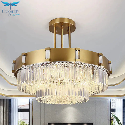 Crystal Block Gold Hanging Chandelier 1/2 - Tier Led Vintage Down Lighting Pendant 12’/16’ Dia