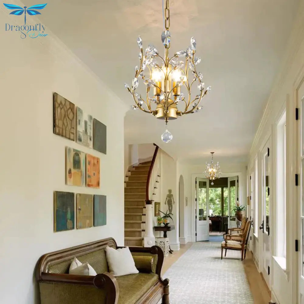 Crystal Branch Chandelier Lamp Modern 3 Bulbs Black/Gold Pendant Lighting Fixture With Global Drop