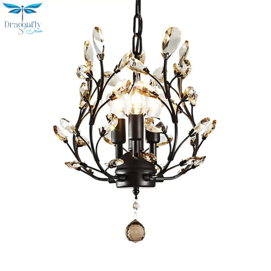 Crystal Branch Chandelier Lamp Modern 3 Bulbs Black/Gold Pendant Lighting Fixture With Global Drop