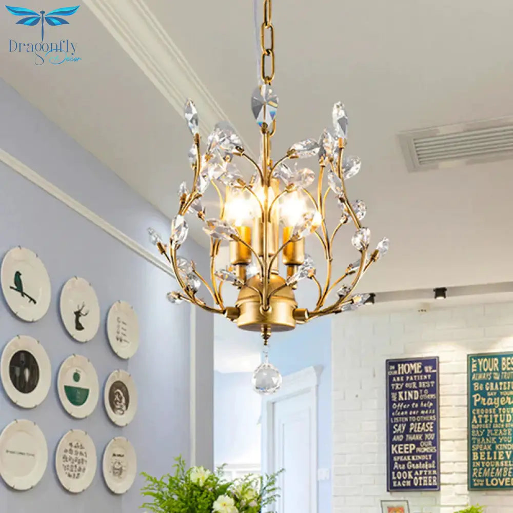 Crystal Branch Chandelier Lamp Modern 3 Bulbs Black/Gold Pendant Lighting Fixture With Global Drop