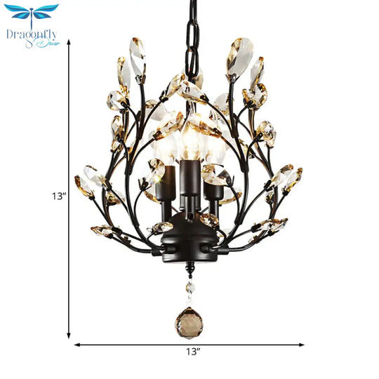Crystal Branch Chandelier Lamp Modern 3 Bulbs Black/Gold Pendant Lighting Fixture With Global Drop
