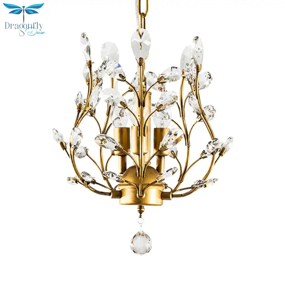 Crystal Branch Chandelier Lamp Modern 3 Bulbs Black/Gold Pendant Lighting Fixture With Global Drop