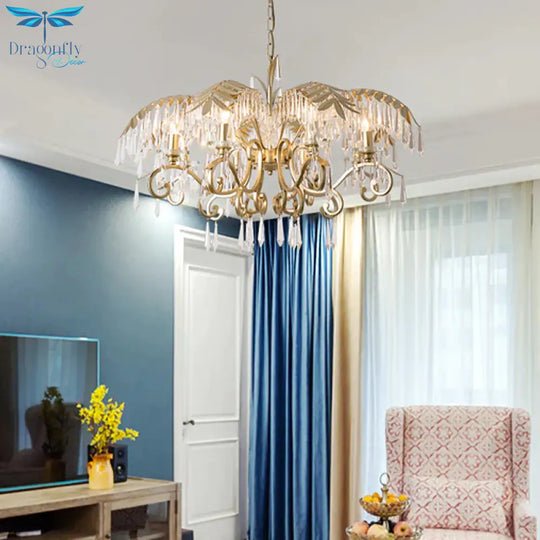 Crystal Brass Hanging Chandelier Leaf - Shaped 3/6/8 Lights Lodge Pendant Light Kit For Living Room