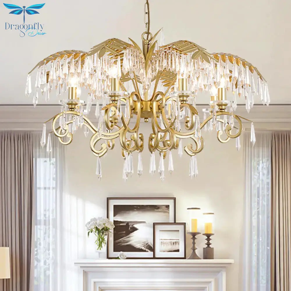Crystal Brass Hanging Chandelier Leaf - Shaped 3/6/8 Lights Lodge Pendant Light Kit For Living Room