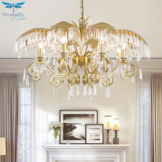 Crystal Brass Hanging Chandelier Leaf - Shaped 3/6/8 Lights Lodge Pendant Light Kit For Living Room