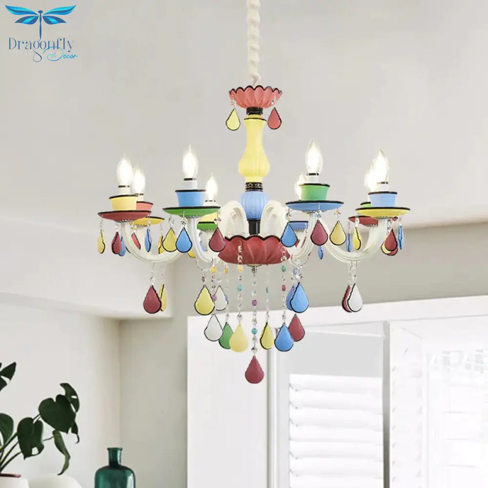 Crystal Candelabra Chandelier Macaron 5/6/8 Lights Blue - Pink - Yellow Hanging Pendant With