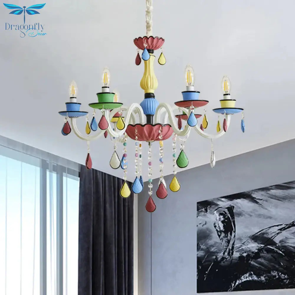 Crystal Candelabra Chandelier Macaron 5/6/8 Lights Blue - Pink - Yellow Hanging Pendant With