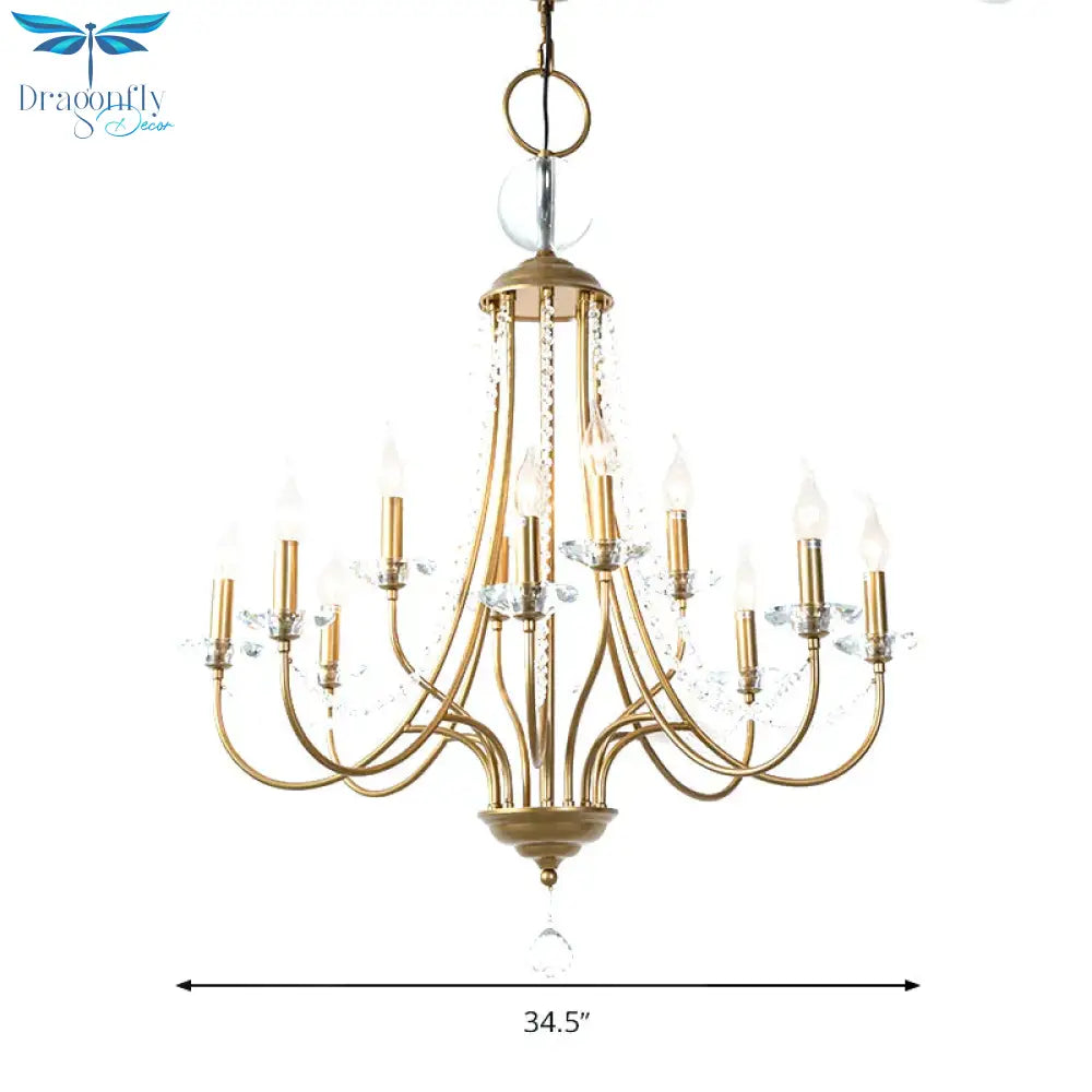 Crystal Candelabra Pendant Chandelier Lodge 9/12 Lights Living Room Hanging Ceiling Light In Brass