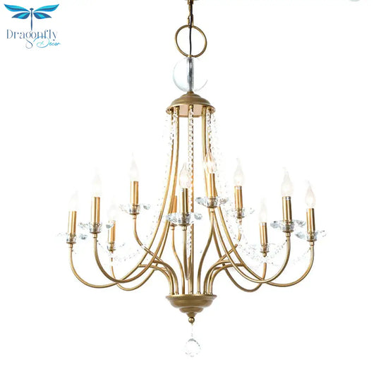 Crystal Candelabra Pendant Chandelier Lodge 9/12 Lights Living Room Hanging Ceiling Light In Brass