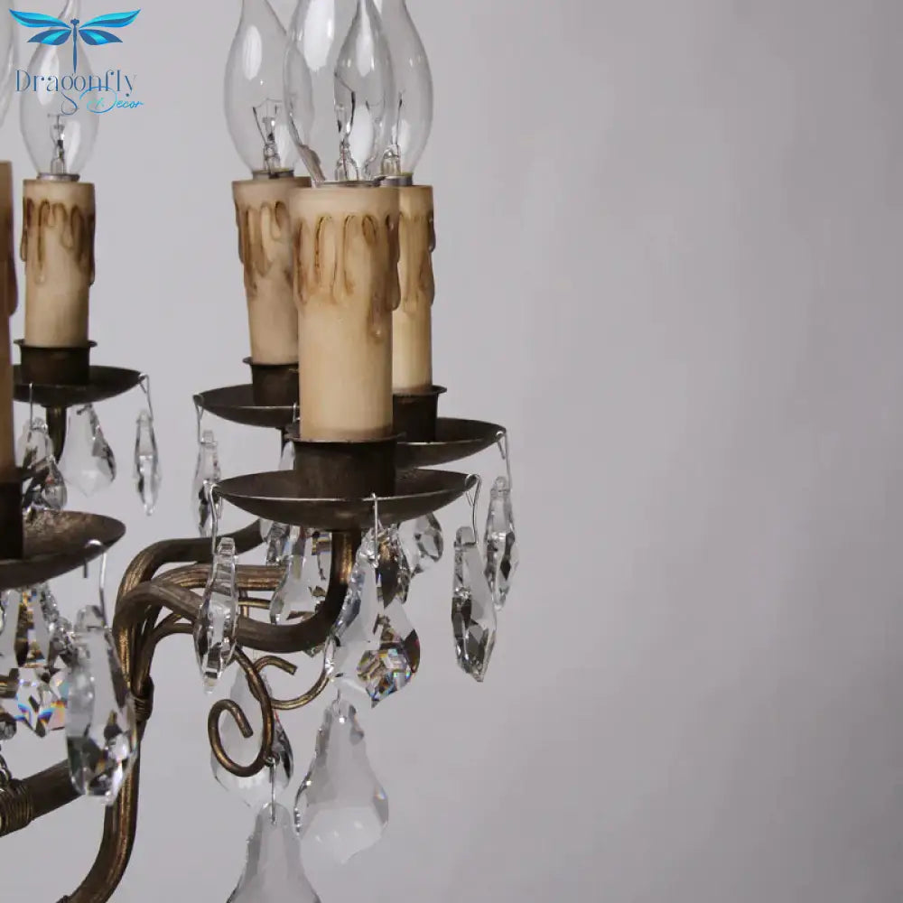 Crystal Candle Ceiling Chandelier Traditional 12 Lights Living Room Pendant Lighting In Bronze
