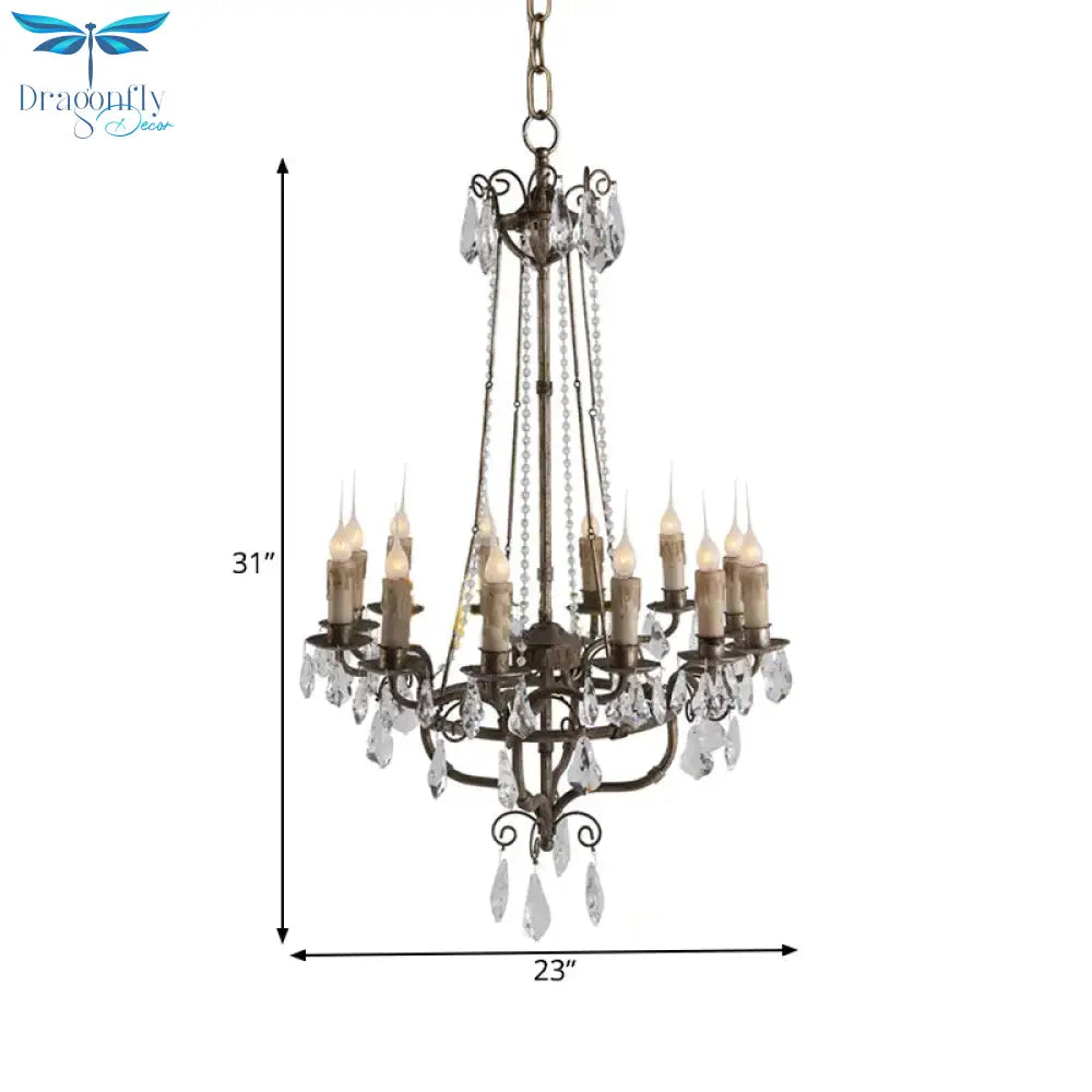 Crystal Candle Ceiling Chandelier Traditional 12 Lights Living Room Pendant Lighting In Bronze