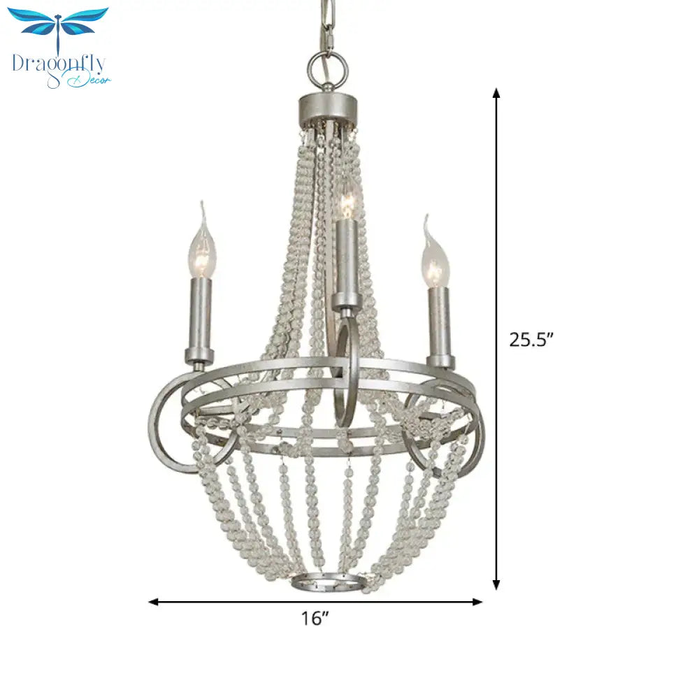 Crystal Candle Chandelier Lamp Retro 3 Heads Silver Ceiling Pendant Light For Living Room