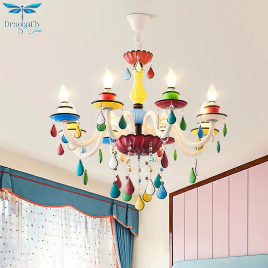 Crystal Candle Pendant Lighting Macaroon 5/6/8 Heads Red - Yellow - Blue - Green Chandelier Light