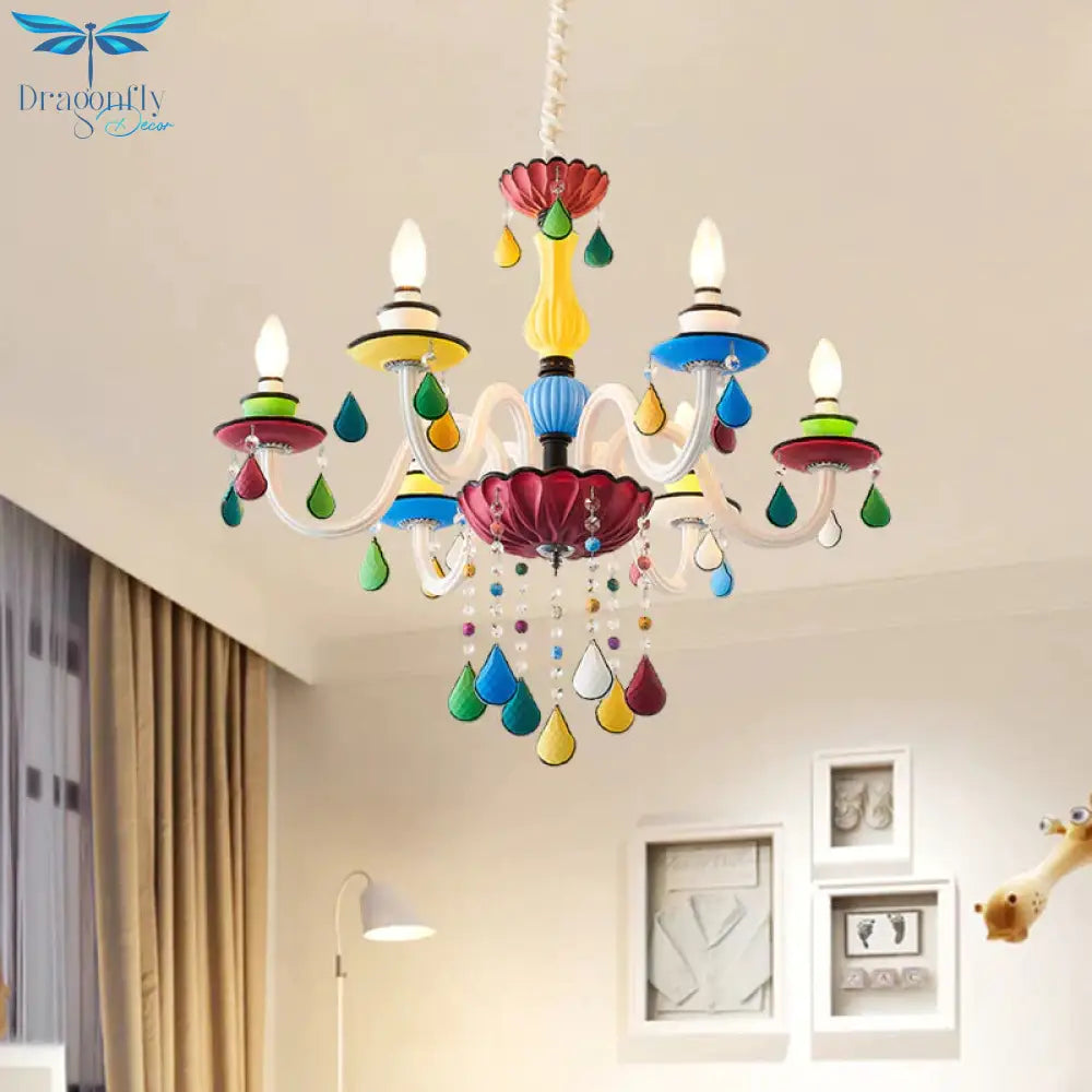 Crystal Candle Pendant Lighting Macaroon 5/6/8 Heads Red - Yellow - Blue - Green Chandelier Light
