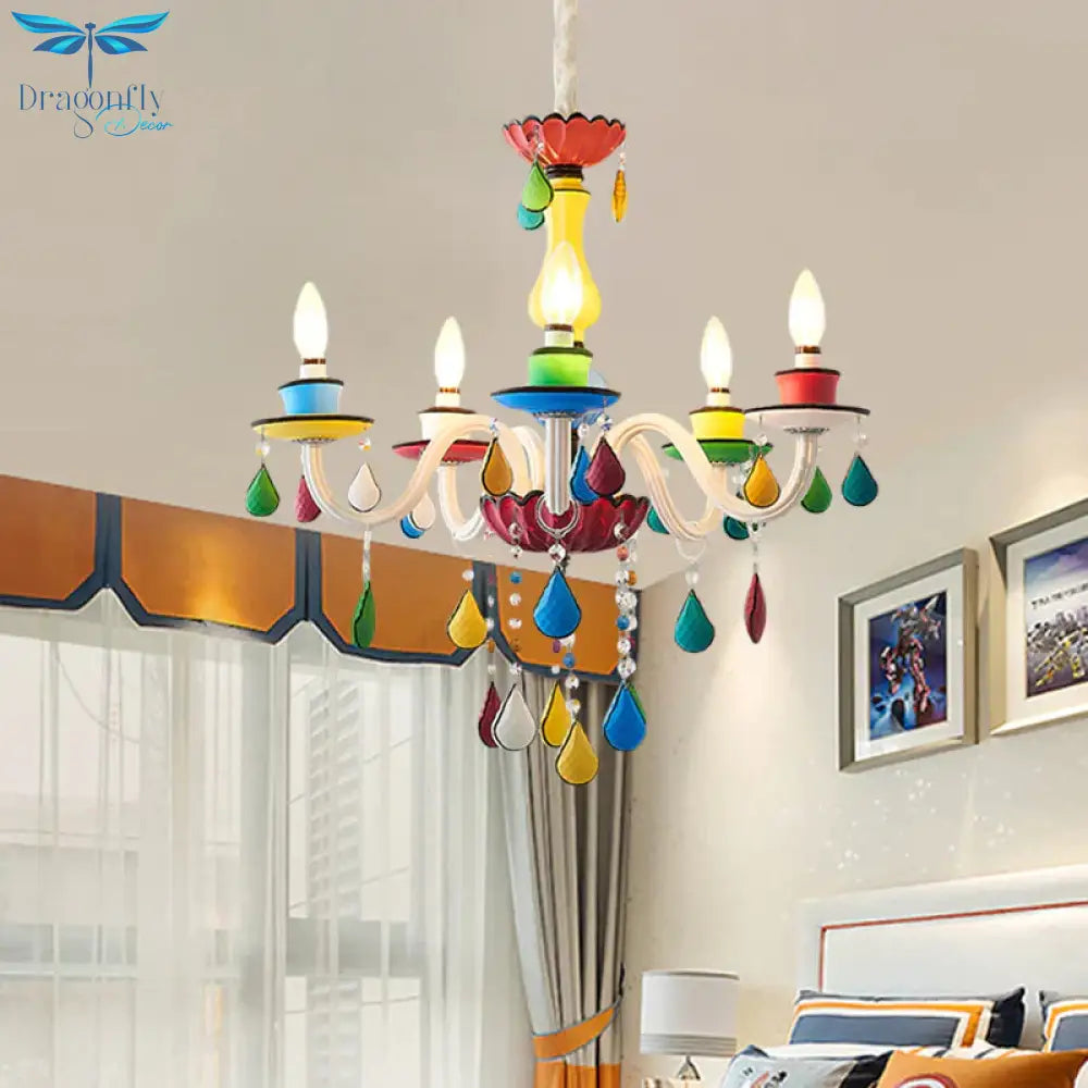 Crystal Candle Pendant Lighting Macaroon 5/6/8 Heads Red - Yellow - Blue - Green Chandelier Light