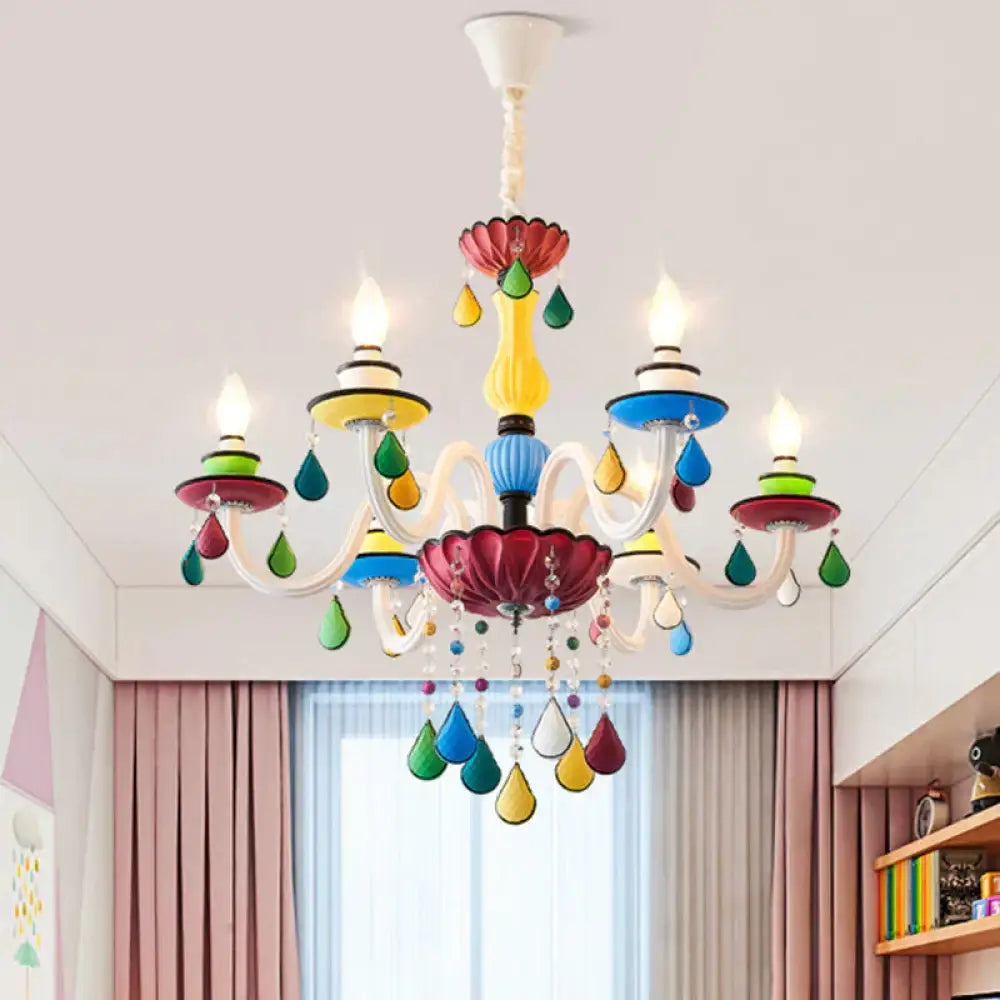 Crystal Candle Pendant Lighting Macaroon 5/6/8 Heads Red - Yellow - Blue - Green Chandelier Light