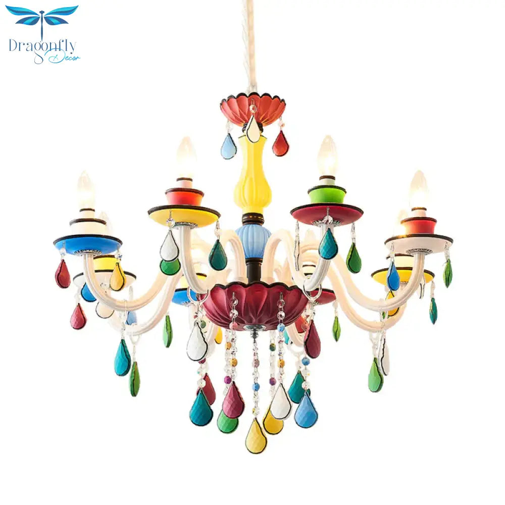Crystal Candle Pendant Lighting Macaroon 5/6/8 Heads Red - Yellow - Blue - Green Chandelier Light