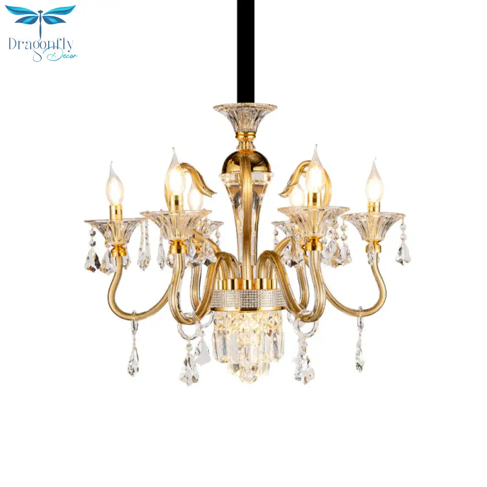 Crystal Candlestick Pendant Chandelier Mid - Century 6 Bulb Bedroom Hanging Lamp In Gold