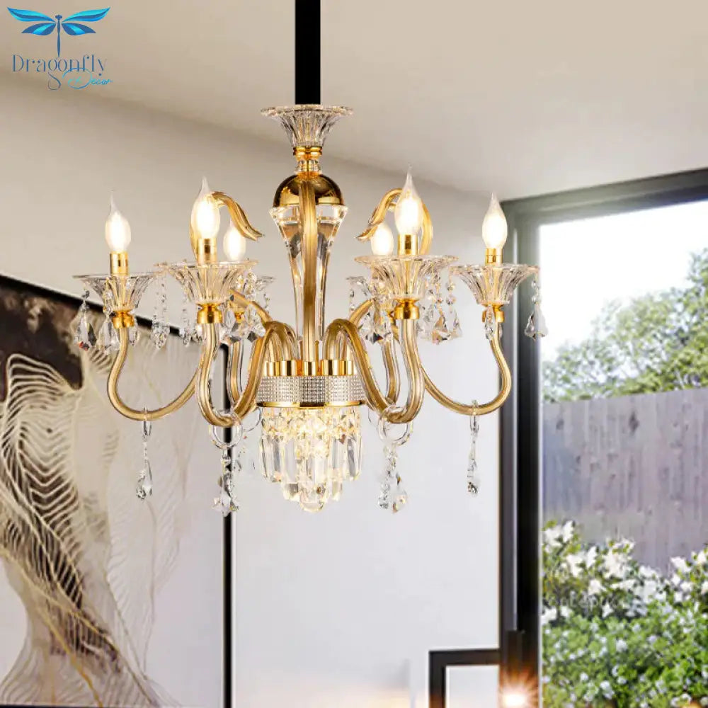 Crystal Candlestick Pendant Chandelier Mid - Century 6 Bulb Bedroom Hanging Lamp In Gold