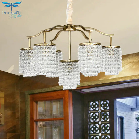 Crystal Cylinder Chandelier Light Fixture Rural 7 Heads Dining Room Ceiling Pendant In Brass