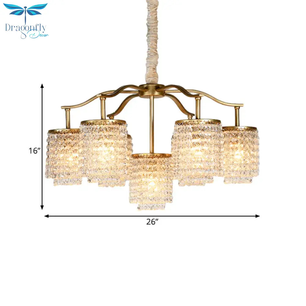 Crystal Cylinder Chandelier Light Fixture Rural 7 Heads Dining Room Ceiling Pendant In Brass