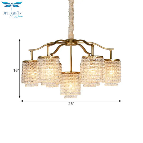 Crystal Cylinder Chandelier Light Fixture Rural 7 Heads Dining Room Ceiling Pendant In Brass