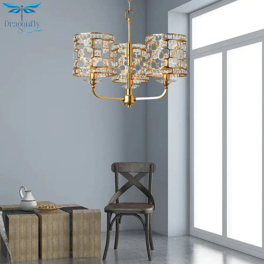 Crystal Cylindrical Chandelier Modern 3 Heads Gold Pendant Lighting Fixture For Living Room