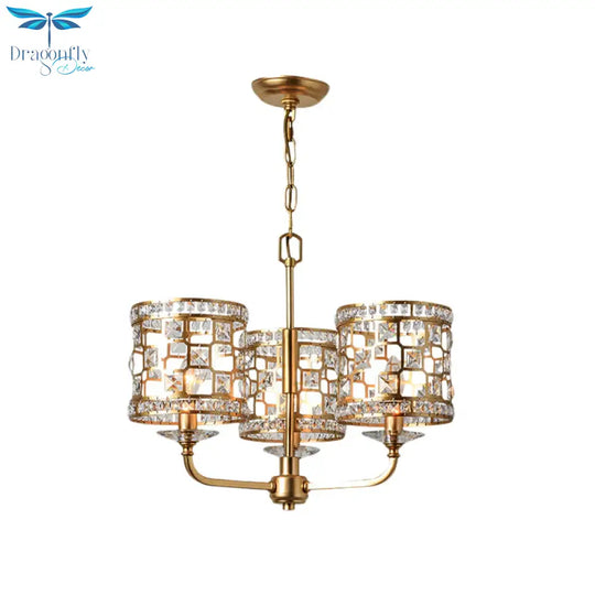 Crystal Cylindrical Chandelier Modern 3 Heads Gold Pendant Lighting Fixture For Living Room