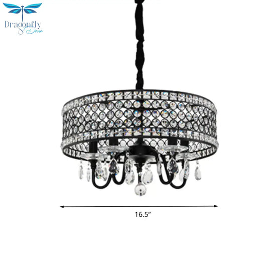 Crystal Encrusted Drum Suspension Pendant Modern 4 Heads Dining Room Chandelier Lamp In Black