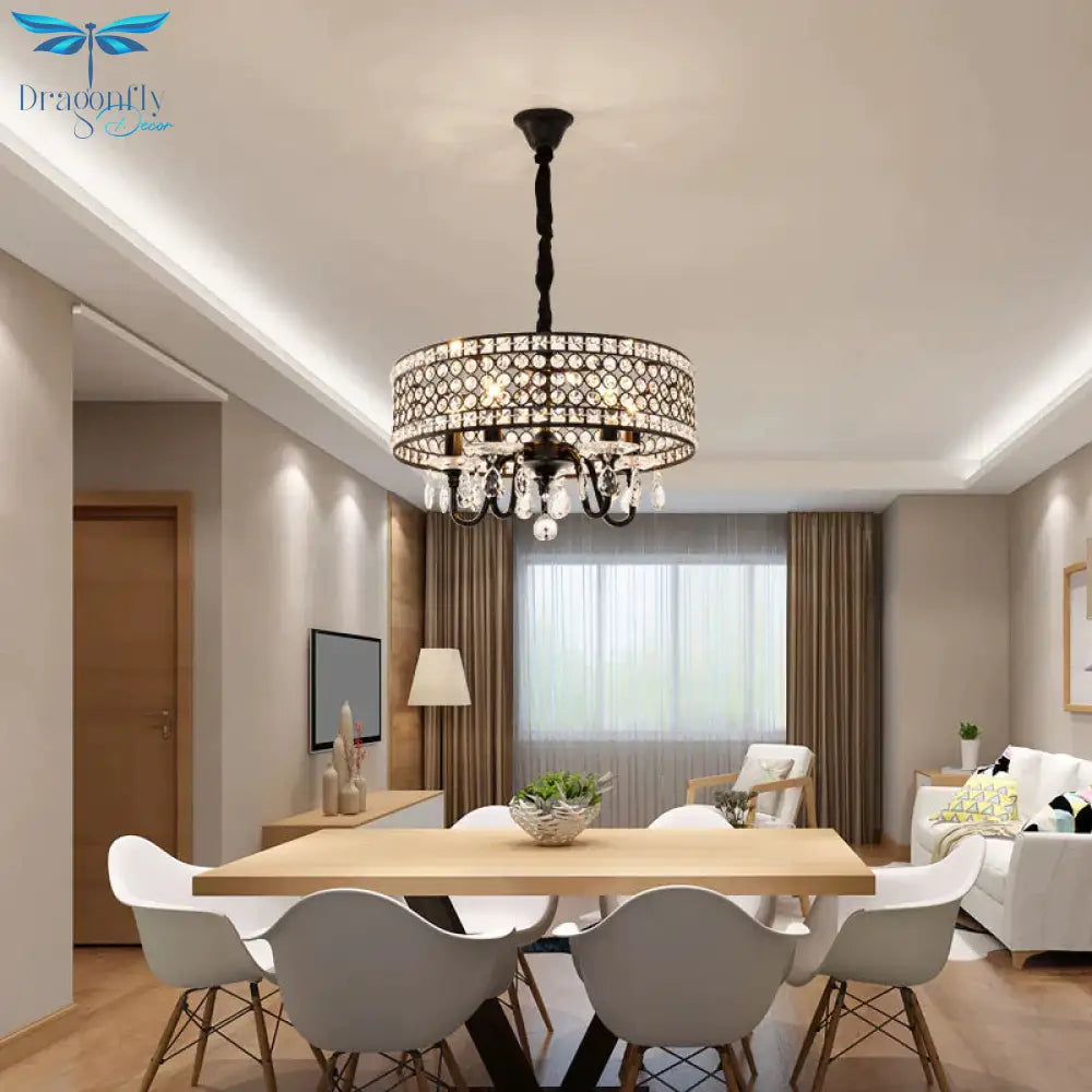 Crystal Encrusted Drum Suspension Pendant Modern 4 Heads Dining Room Chandelier Lamp In Black