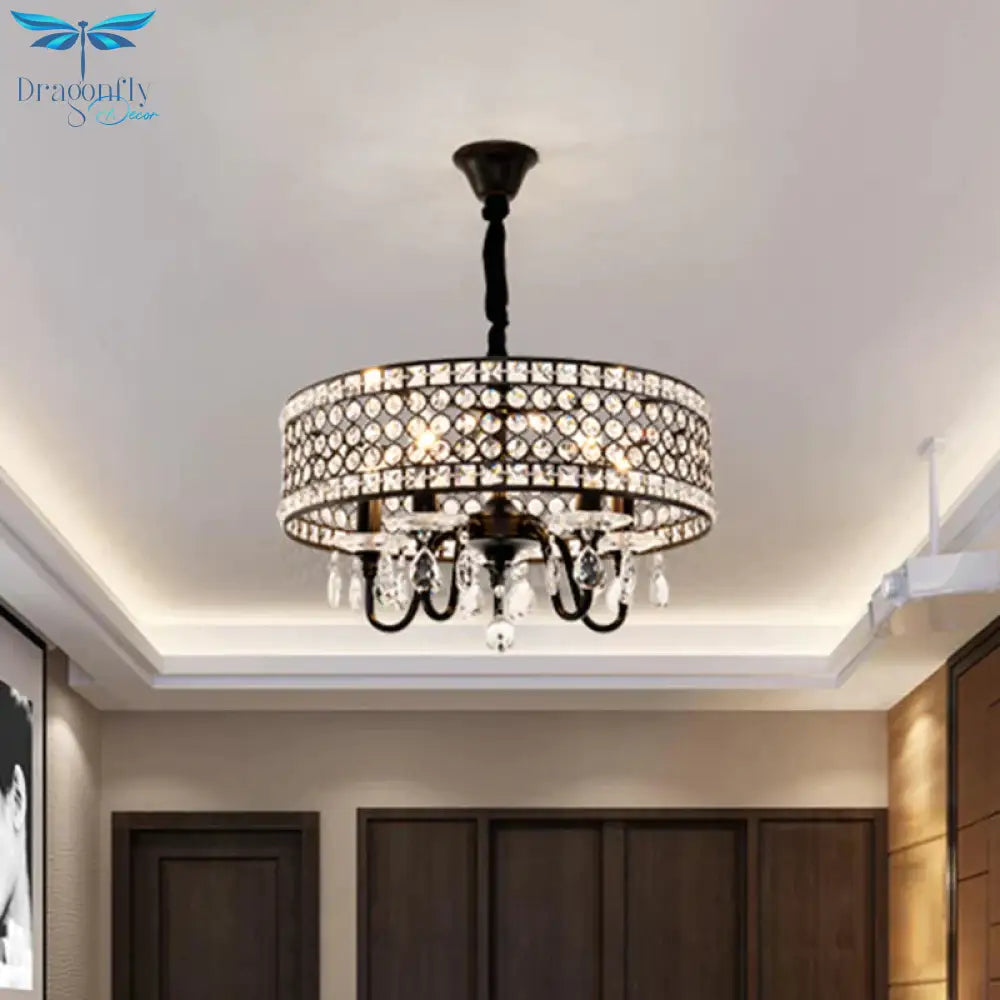Crystal Encrusted Drum Suspension Pendant Modern 4 Heads Dining Room Chandelier Lamp In Black