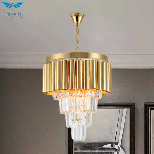 Crystal Flute Tapered Ceiling Chandelier Traditional 5 Bulbs Dining Room Suspension Light In Gold