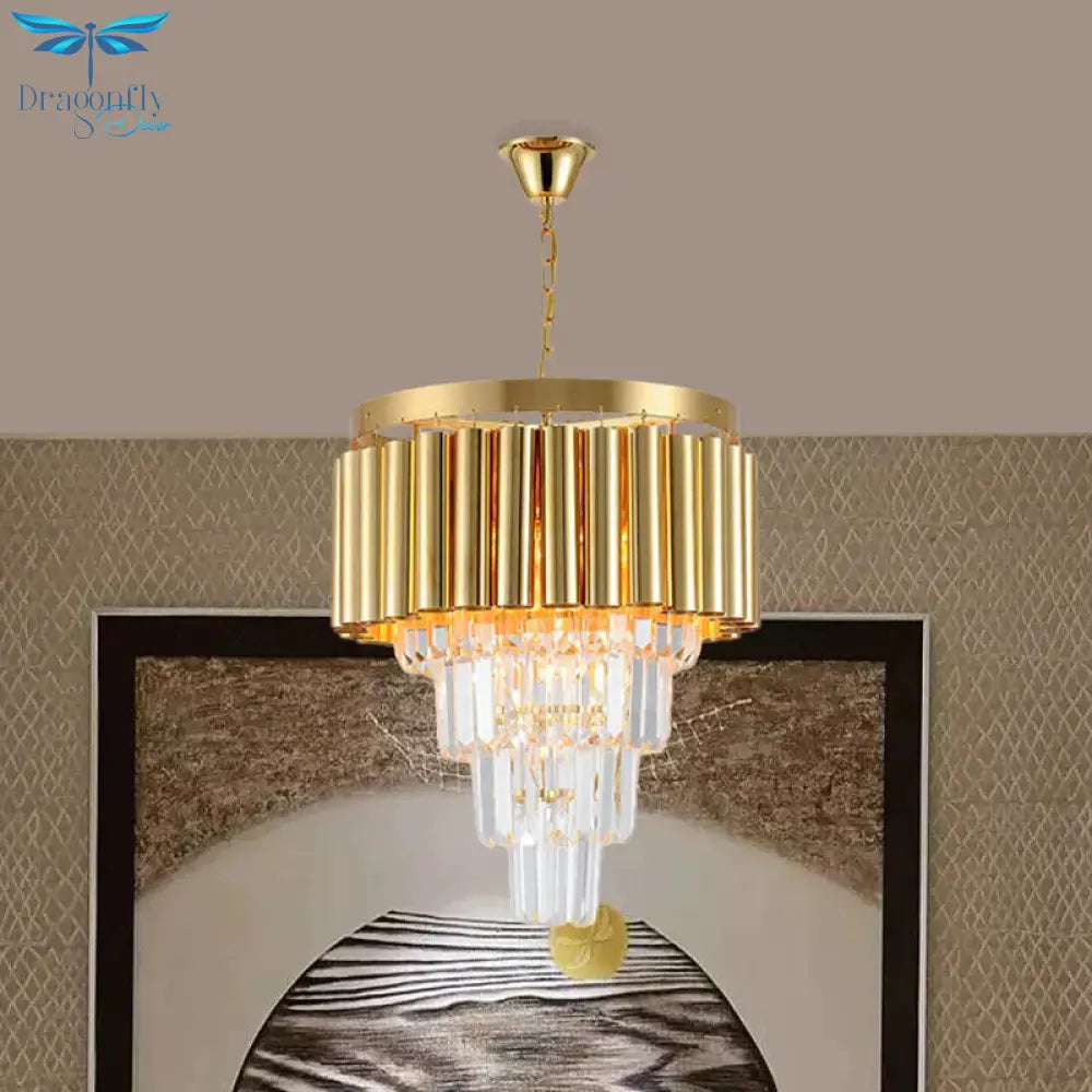 Crystal Flute Tapered Ceiling Chandelier Traditional 5 Bulbs Dining Room Suspension Light In Gold