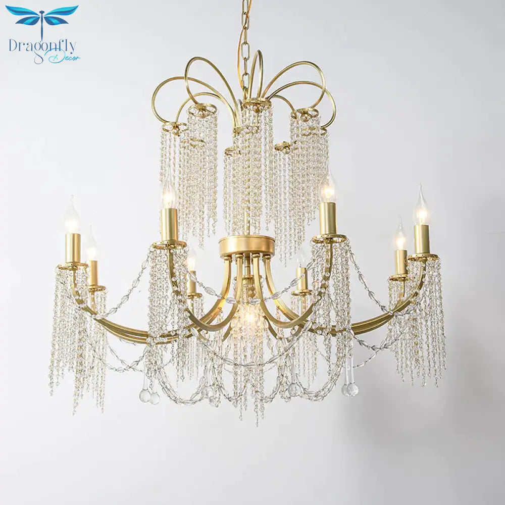 Crystal Gold Ceiling Chandelier Beaded 6/8 Lights Traditional Hanging Pendant Light For Living Room