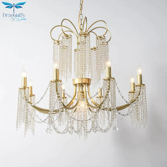 Crystal Gold Ceiling Chandelier Beaded 6/8 Lights Traditional Hanging Pendant Light For Living Room