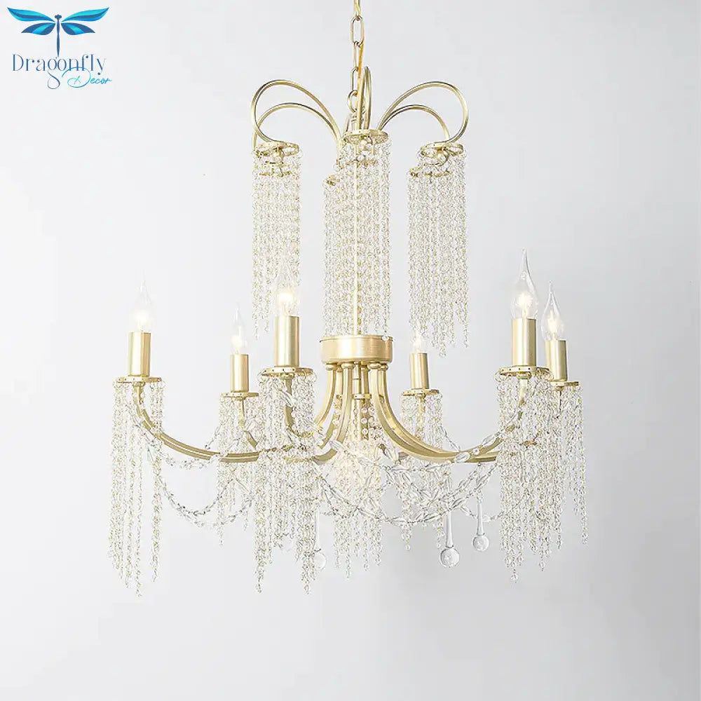 Crystal Gold Ceiling Chandelier Beaded 6/8 Lights Traditional Hanging Pendant Light For Living Room