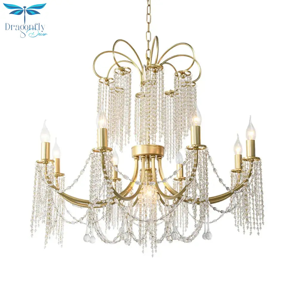 Crystal Gold Ceiling Chandelier Beaded 6/8 Lights Traditional Hanging Pendant Light For Living Room