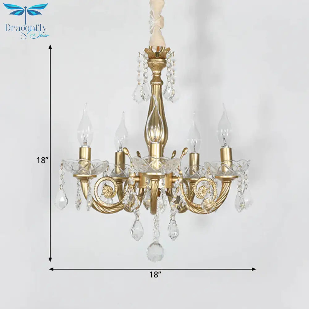 Crystal Gold Chandelier Lighting Scrolled Arm 5/6 Lights Lodge Pendant Light Fixture For Bedroom