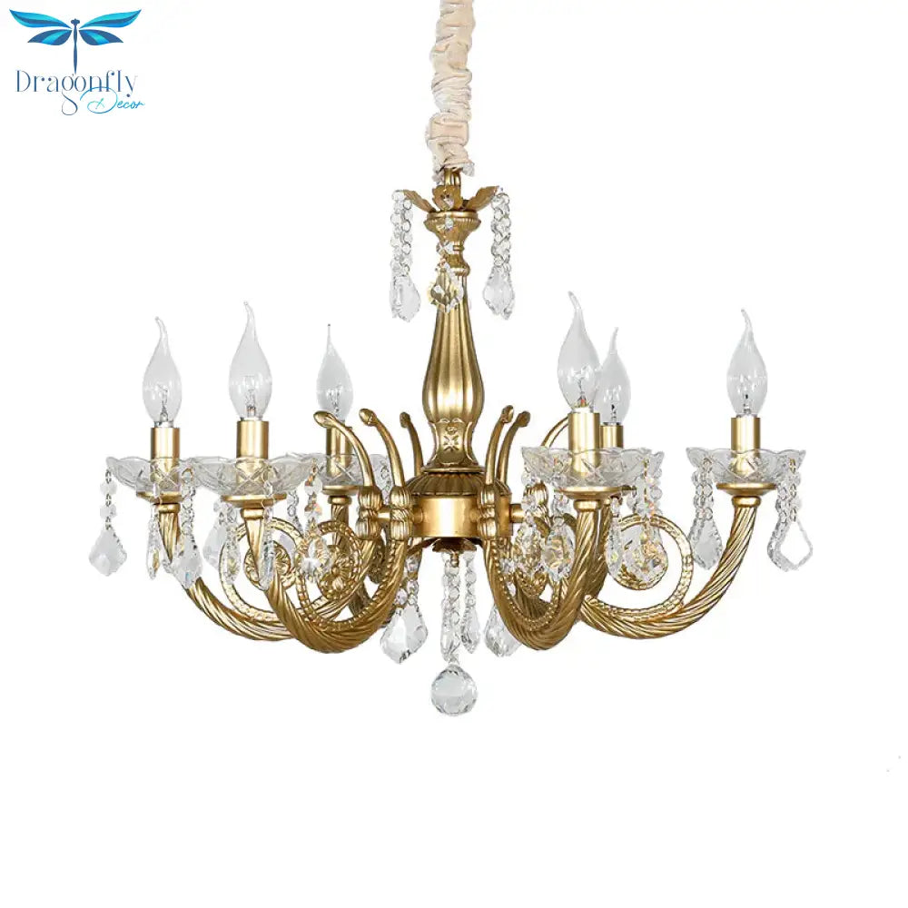 Crystal Gold Chandelier Lighting Scrolled Arm 5/6 Lights Lodge Pendant Light Fixture For Bedroom