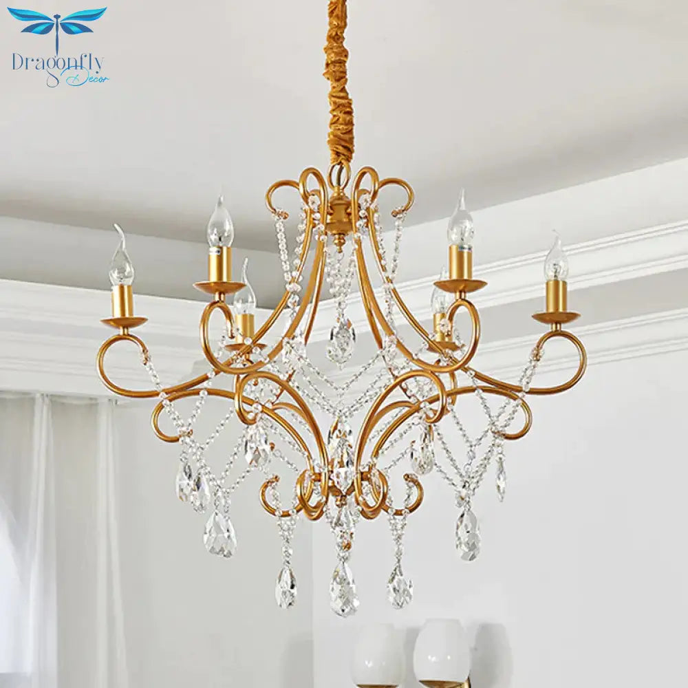 Crystal Stands Gold Suspension Lighting Raindrop 6 Heads Traditional Chandelier Light Fixture